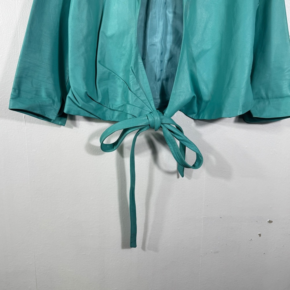 Badgley Mischka Vintage Teal Leather Jacket Silk Lined Cropped Tie Waist Sz‎ M/8 - Picture 3 of 15